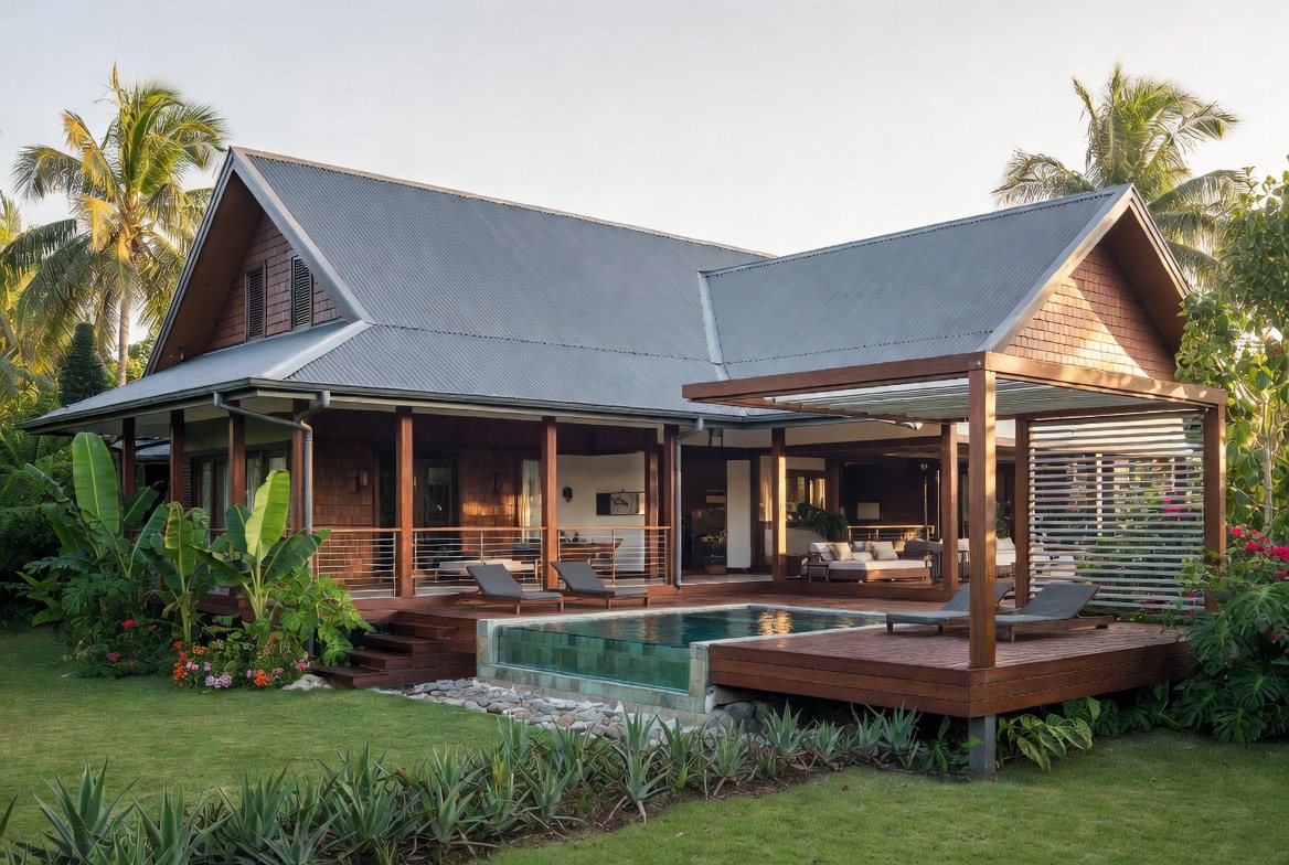 Villa tropicale traditionnelle aux toitures pentues et débords de toiture - RTAA DOM