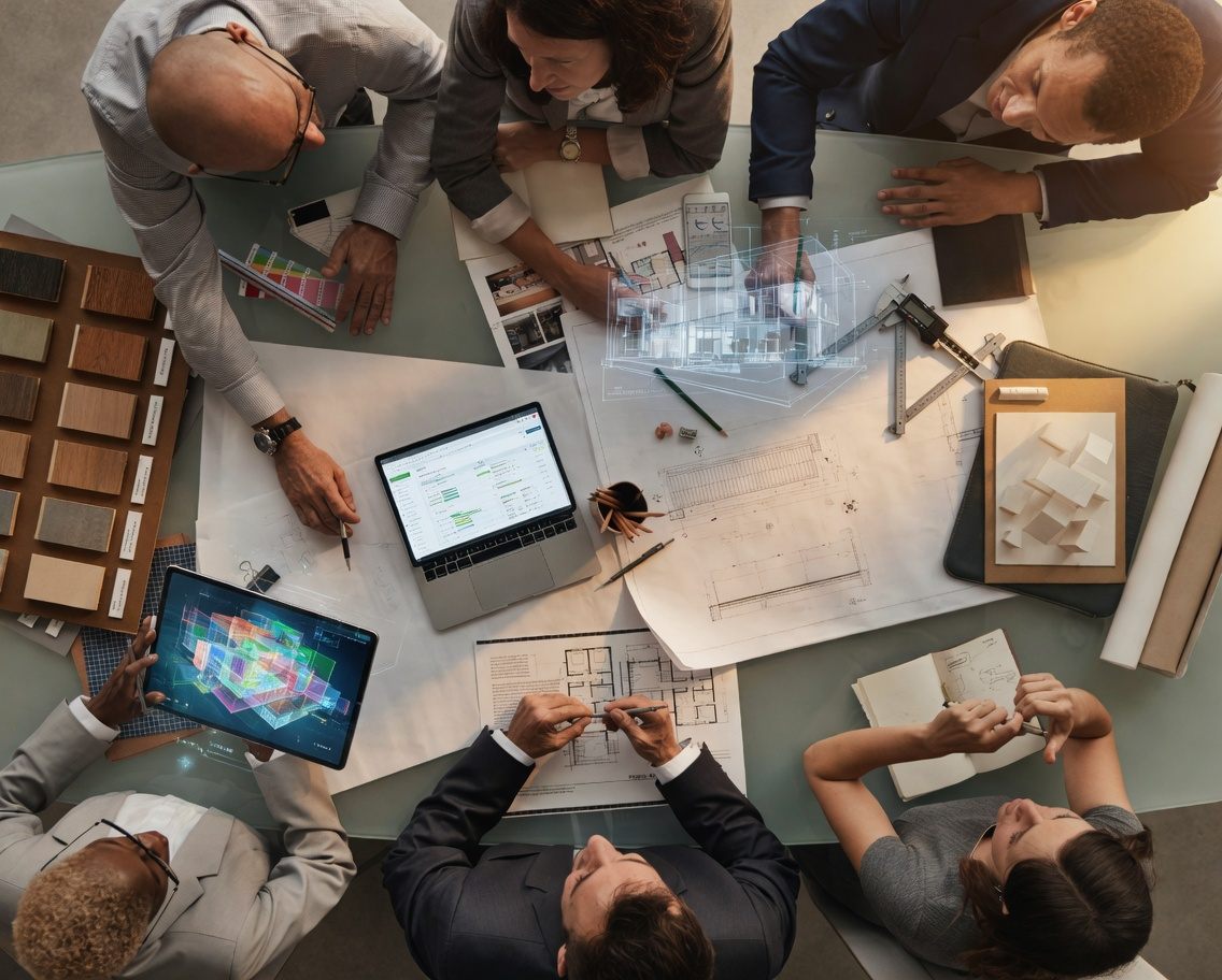 Équipe de maîtrise d'œuvre en réunion de coordination autour des plans